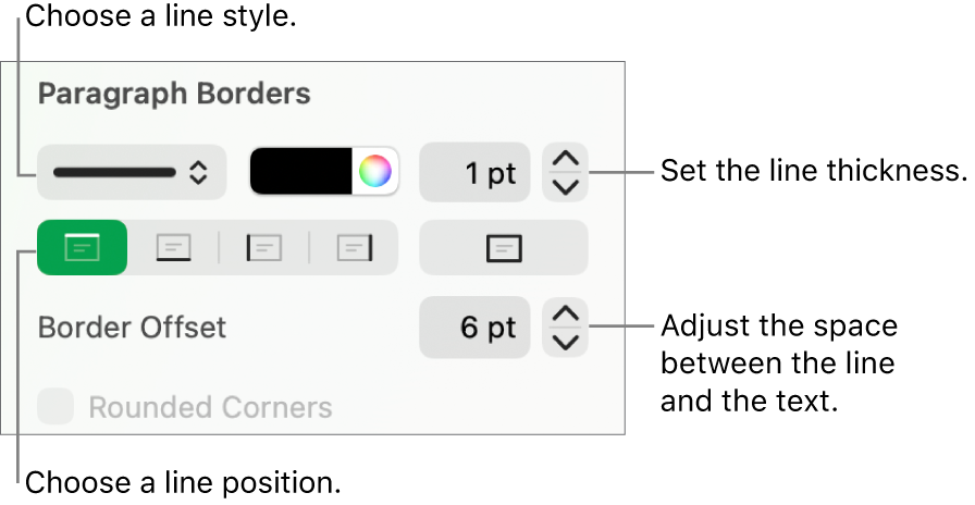 Controls to change the line style, thickness, position, and color.