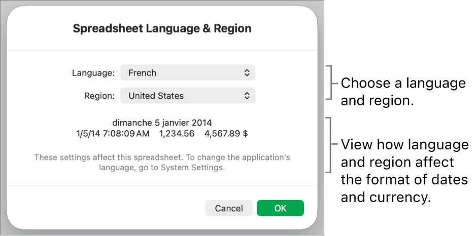Language & Region pane with controls for language and region, and a format example including date, time, decimal, and currency.