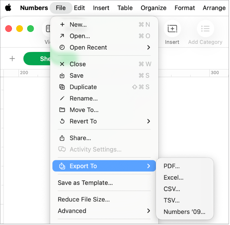 The File menu open with Export To selected, with its submenu showing export options such as PDF, Excel, and CSV.