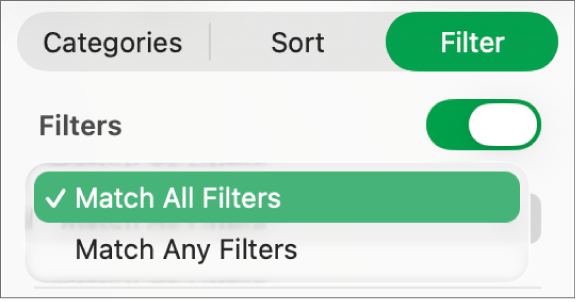 The pop-up menu to choose between showing rows that match all filters or any filter.