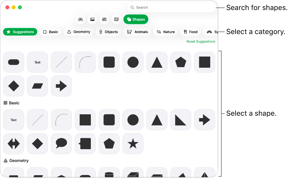 The shapes library, with categories listed on the left and shapes displayed on the right. You can use the search field at the top to find shapes and scroll to see more.