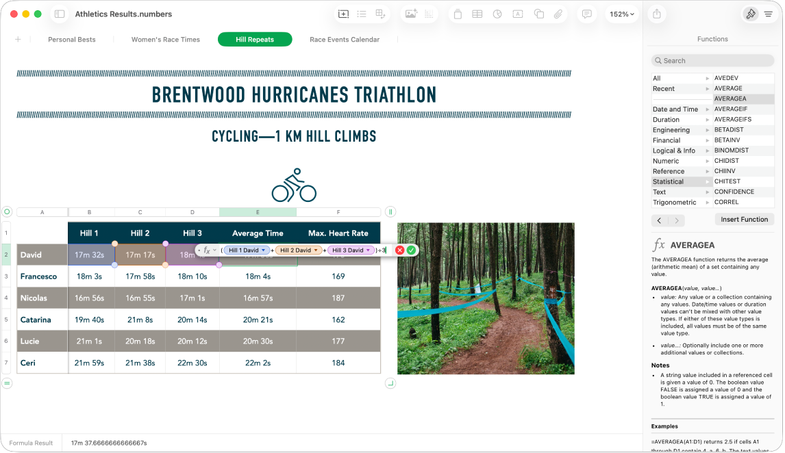 The Numbers window showing a cell selected. The selected cell shows a formula result and below the cell, the Formula Editor shows the full formula. Values used in the formula are highlighted and the sidebar is open showing Formulas & Functions help.