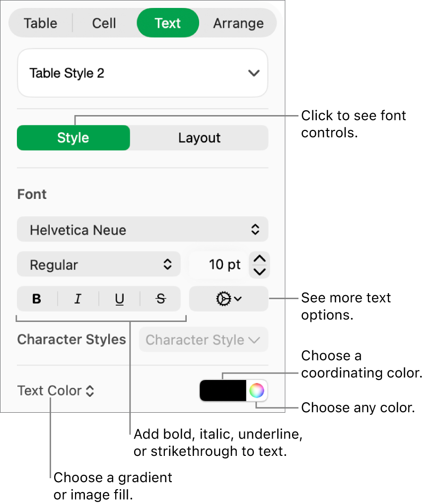 The controls for styling table text.