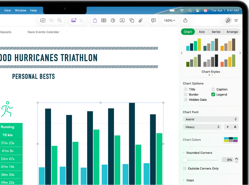 A pie chart showing percentages of trails completed. The Format menu is also open, showing different chart styles to choose from, as well as options to turn the chart title or legend on or off, show hidden data, and edit the chart font, colors, and background.