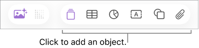 The Numbers window with callouts to the object buttons in the toolbar.