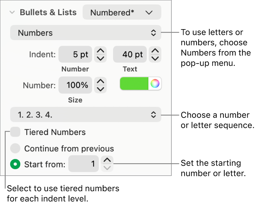 Controls for changing the number style and spacing of a list.
