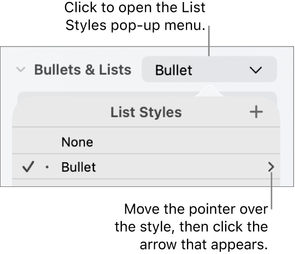 The List Styles pop-up menu with one style selected and an arrow to its far right.