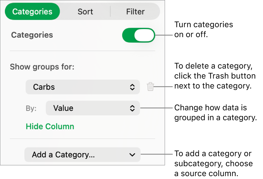 The categories sidebar with options for turning categories off, deleting categories, regrouping data, hiding a source column, and adding categories.