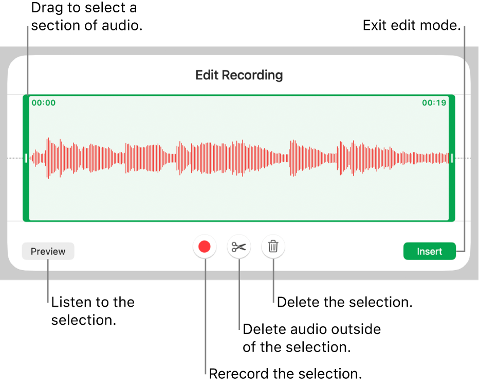 Controls for editing recorded audio. Handles indicate the selected section of the recording, and Preview, Record, Trim, Delete, and Edit Mode buttons are below.
