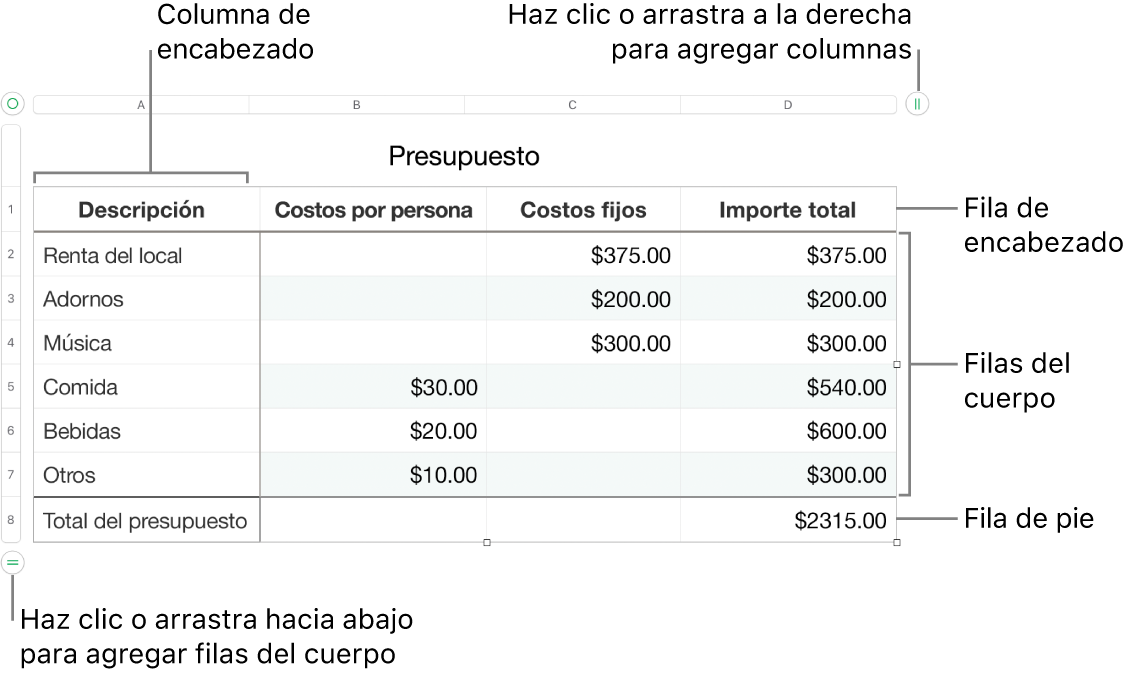 Tabla con filas y columnas de encabezado, cuerpo y pie de página, así como manijas para agregar o eliminar filas o columnas.