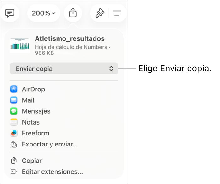 El menú Compartir con la opción Enviar copia seleccionada en la parte superior.