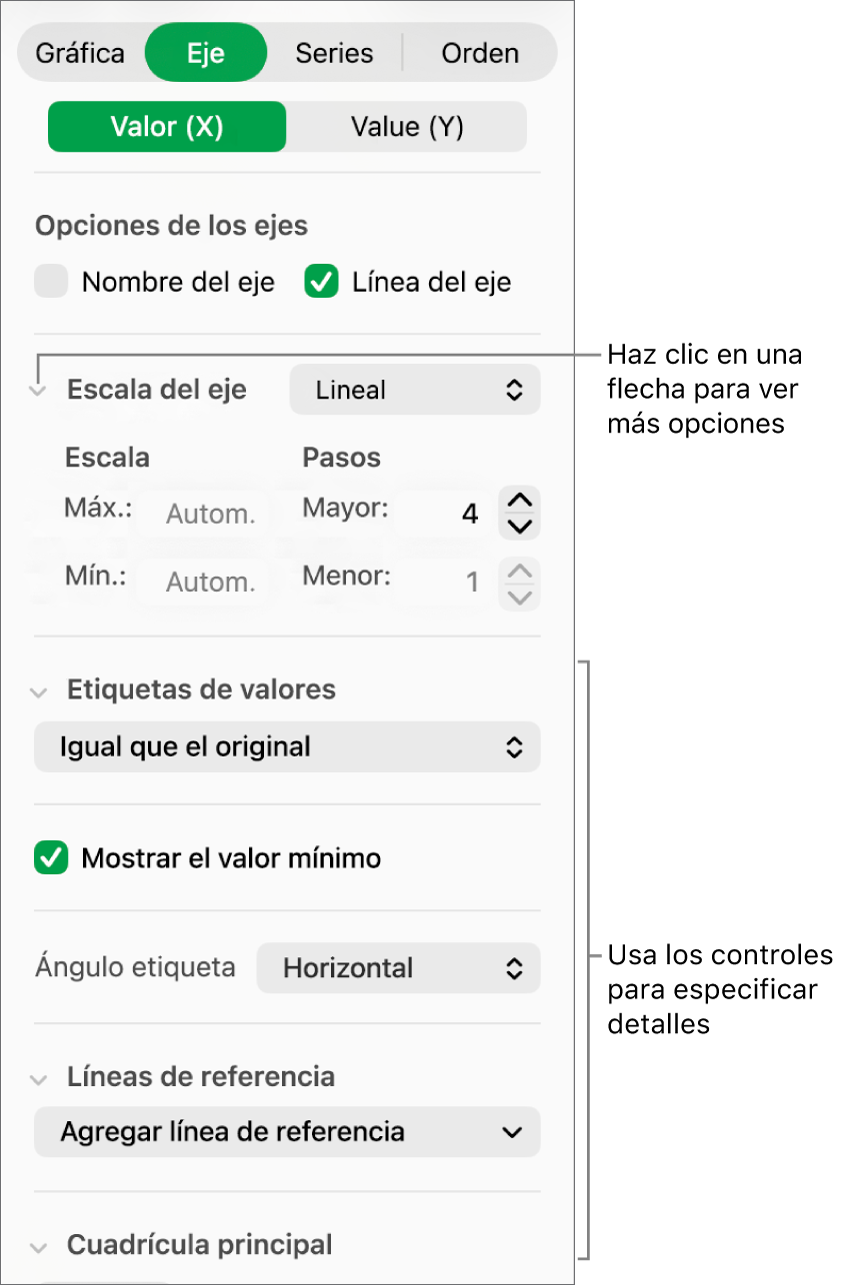Controles para dar formato a las marcas de eje de una gráfica.