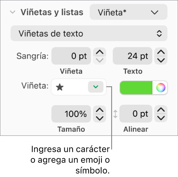 La sección Viñetas y listas de la barra lateral Formato. El campo Viñetas muestra un emoji de estrella.