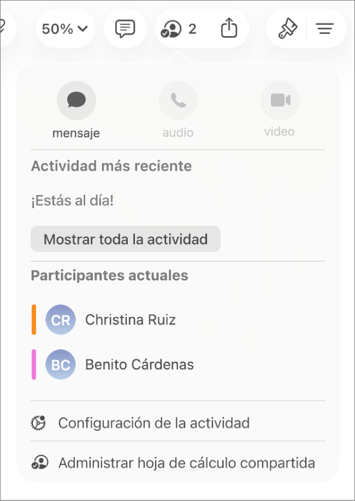 El menú Colaboración mostrando los nombres de las personas que colaboran en la hoja de cálculo.