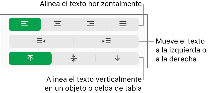 Sección Alineación con botones para alinear el texto horizontalmente, mover el texto hacia la izquierda o hacia la derecha, y alinear el texto verticalmente.