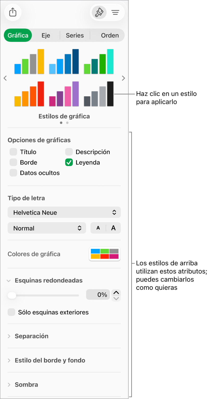 La barra lateral Formato que muestra los controles para dar formato a gráficas.