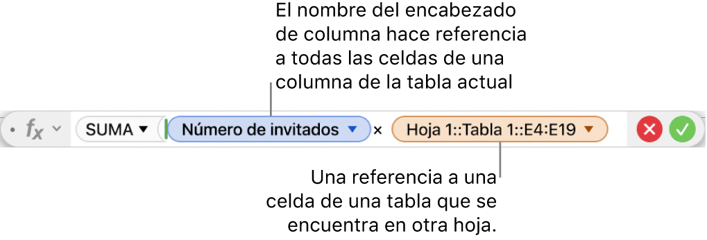 El editor de fórmulas con una fórmula que hace referencia a una columna de una tabla y una celda de otra tabla.
