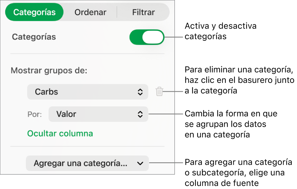 La barra lateral de categorías con opciones para desactivar las categorías, eliminar categorías, reagrupar datos, ocultar una columna origen y agregar categorías.