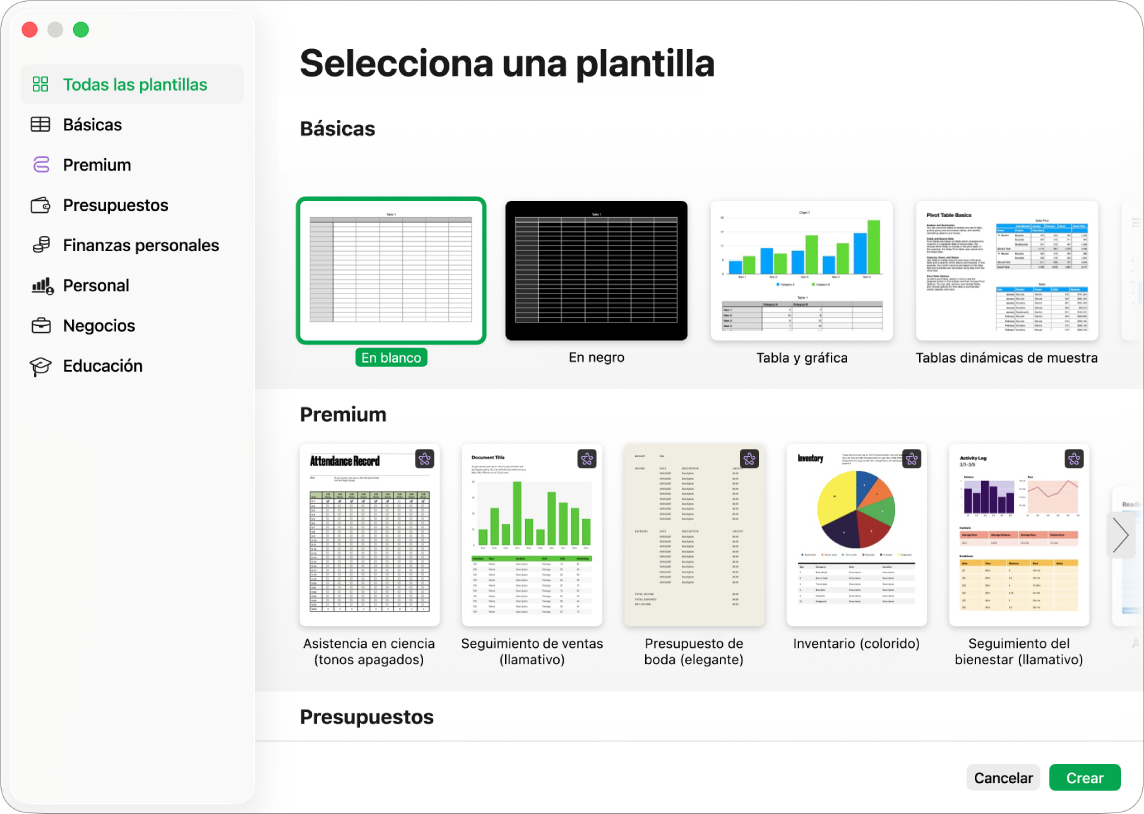 La ventana de Numbers mostrando el menú Compartir con opciones para enviar una copia de la hoja de cálculo, o para exportar y enviar un formato diferente.