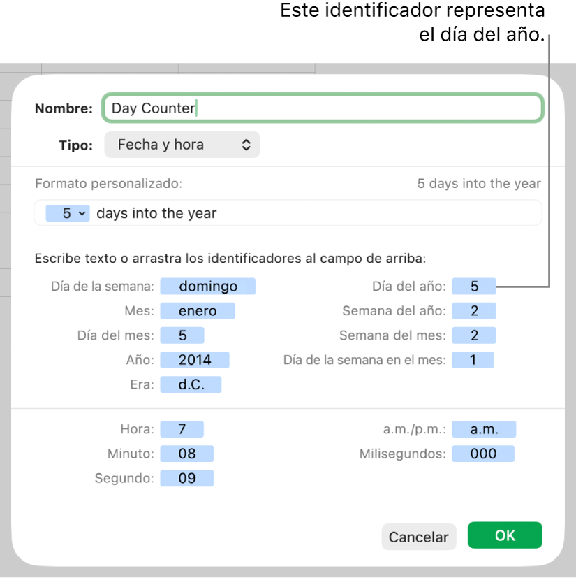 Formato de fecha y hora personalizado.
