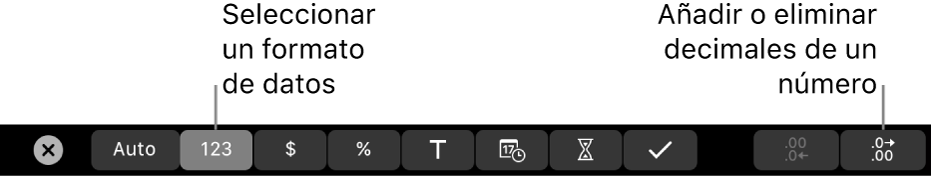 La Touch Bar del MacBook Pro con controles para seleccionar un formato de datos y añadir o eliminar decimales de un número.