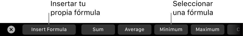La Touch Bar del MacBook Pro con controles para insertar tu propia fórmula y elegir una fórmula usada habitualmente.