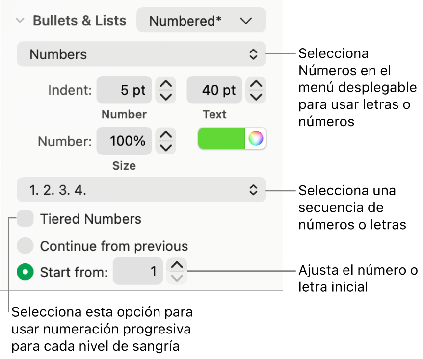 Controles para cambiar el estilo de numeración y el espaciado de una lista.