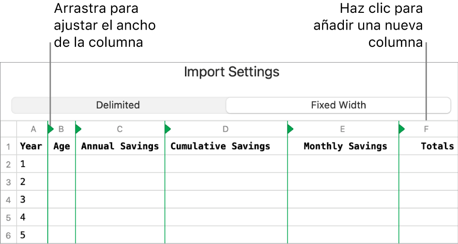 Los ajustes de importación de un archivo de texto de ancho fijo.