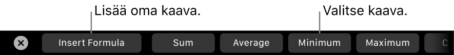 MacBook Pron Touch Bar, jossa on säätimet oman kaavan lisäämiseen ja yleisesti käytetyn kaavan valitsemiseen.