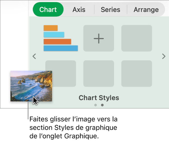 Opération consistant à faire glisser une image vers la section Styles de graphiques de la barre latérale en vue de créer un nouveau style.