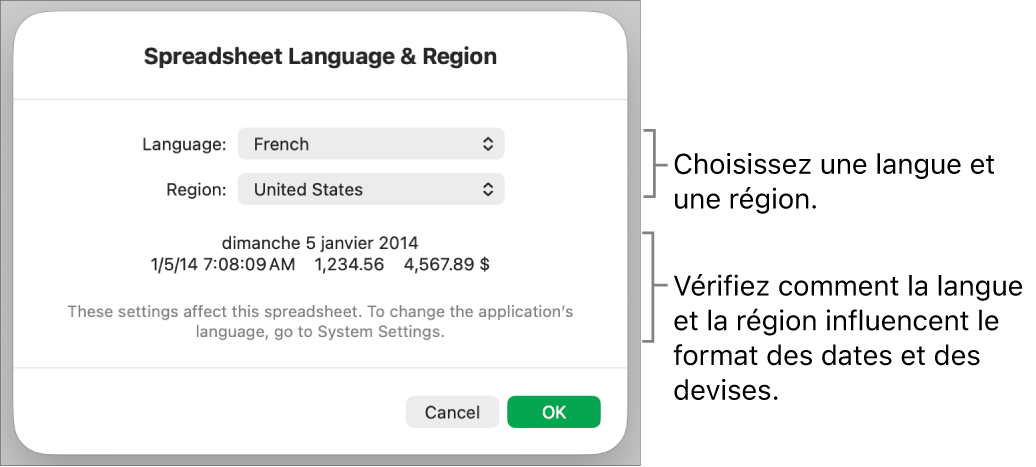 Sous-fenêtre Langue et région avec les commandes pour la langue et la région, et un exemple du format qui comprend la date, l’heure, les décimales et la devise.