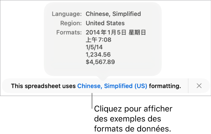 La notification du réglage de langue et de région différent affichant des exemples de la mise en forme correspondant à cette langue et à cette région.