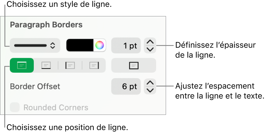 Commandes permettant de modifier le style, l’épaisseur, la position et la couleur de la ligne.