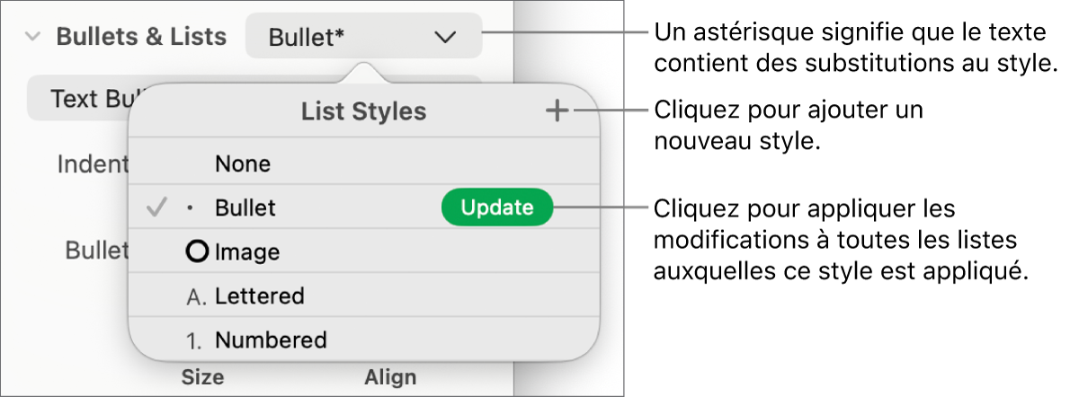 Le menu contextuel Styles de liste avec un astérisque indiquant une substitution, des légendes pour le bouton Nouveau style, et un sous-menu d’options de gestion des styles.