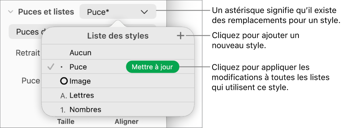 Le menu local « Liste des styles » avec un astérisque indiquant une substitution, des légendes pour le bouton « Nouveau style », et un sous-menu d’options de gestion des styles.