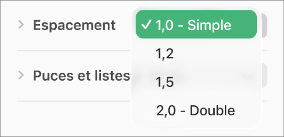 Le menu local Espacement, avec les options Simple, Double et d’autres.