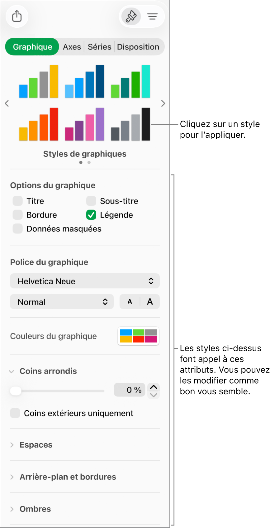 Barre latérale de formatage avec les commandes permettant de mettre en forme les graphiques.