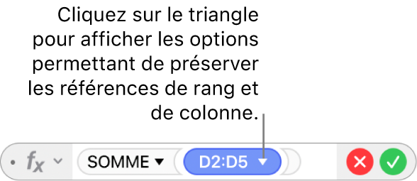 L’éditeur de formules avec un triangle sur lequel vous pouvez cliquer pour accéder aux options permettant de conserver les références de rang et de colonne.