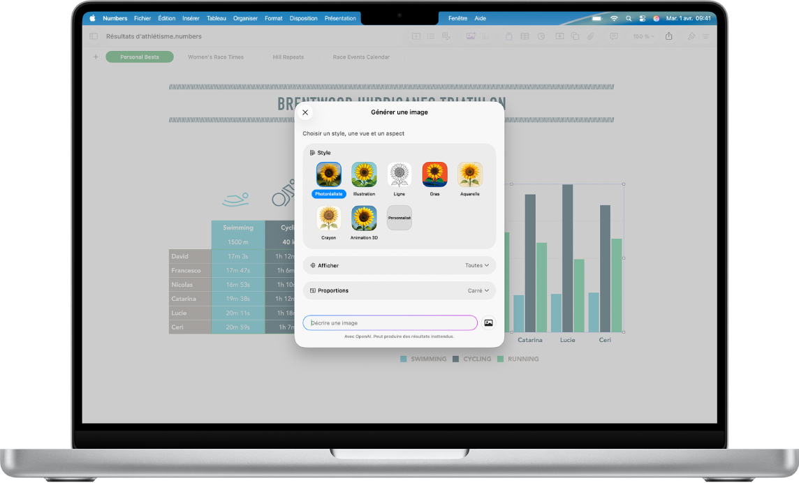 La zone de dialogue « Générer une image » affichant des options permettant de générer une image à partir d’une description textuelle.