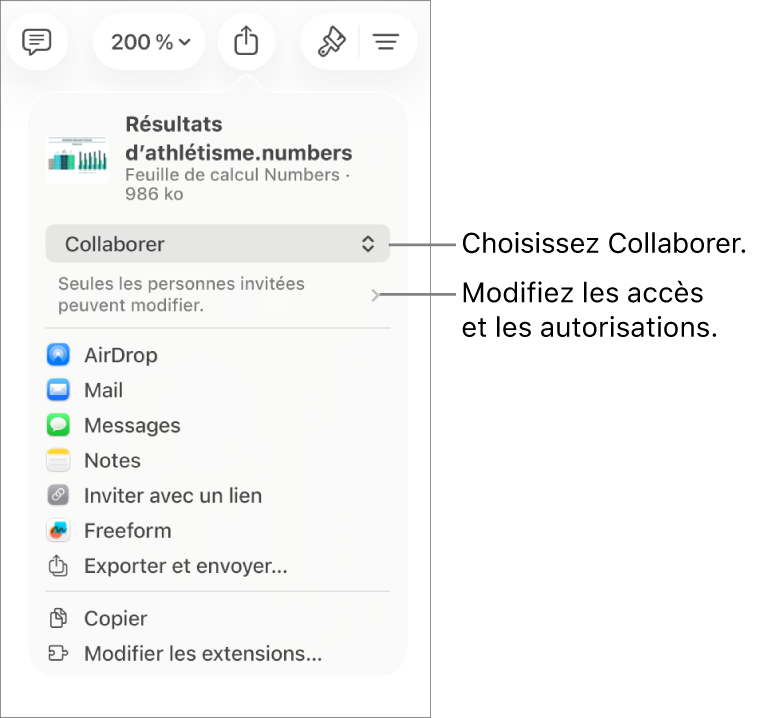 Le menu Partager avec l’option Collaborer sélectionnée en haut, et des réglages d’accès et d’autorisation en dessous.