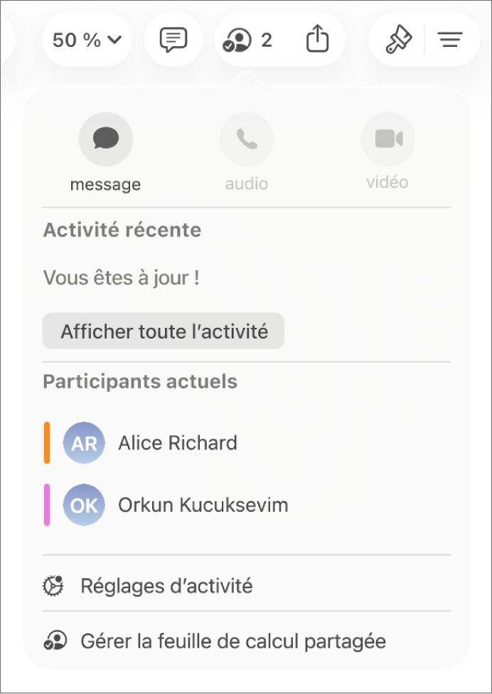 Le menu de collaboration affichant le nom des personnes qui collaborent sur la feuille de calcul.
