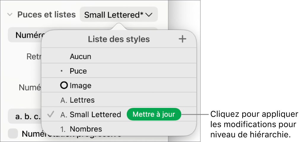 Menu local « Styles de liste » avec un bouton « Mettre à jour » en regard du nom du nouveau style.