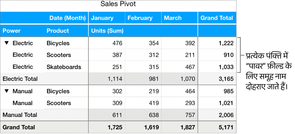 पिवट चार्ट जो इलेक्ट्रिक और मैनुअल, “पॉवर” फ़ील्ड के लिए समूह नाम दिखाता है, जिन्हें प्रत्येक पंक्ति में दोहराया जाता है।