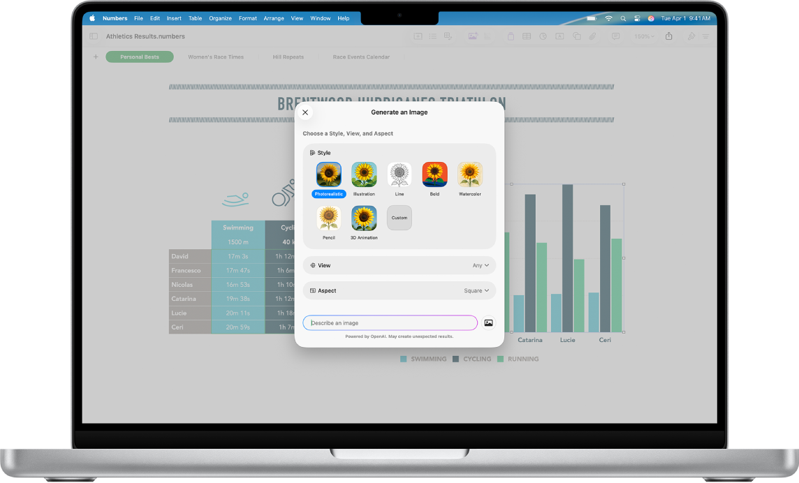 “इमेज जनरेट करें” डायलॉग जो टेक्स्ट विवरण से इमेज जनरेट करने के विकल्प दिखा रहा है।