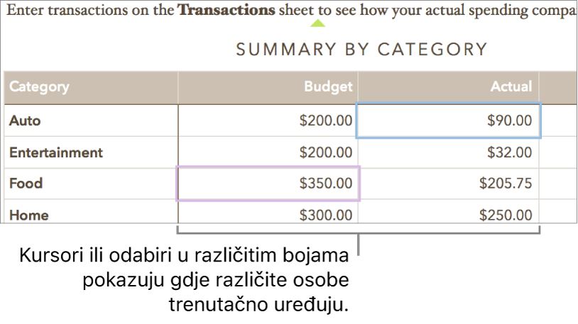 Kursori ili odabiri u različitim bojama prikazuju gdje različite osobe uređuju.