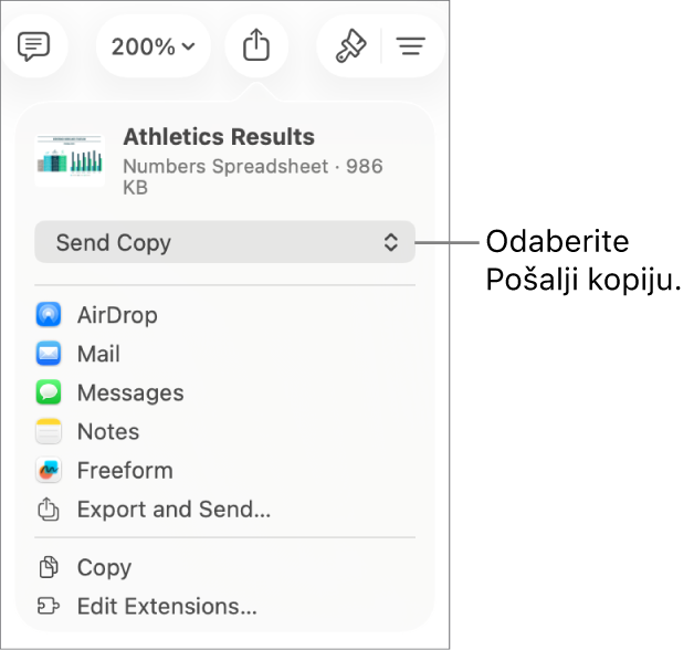 Izbornik dijeljenja s odabranom opcijom Pošalji kopiju pri vrhu.