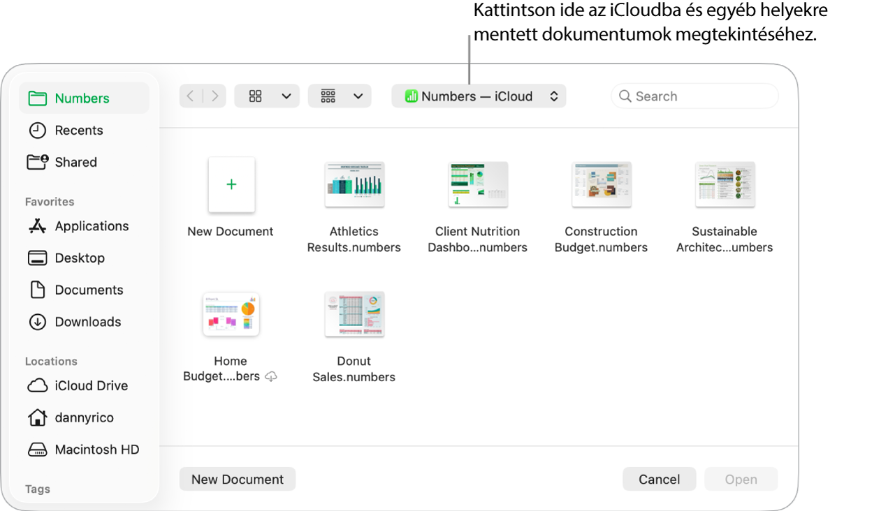 A Megnyitás párbeszédpanel megnyitott oldalsávval a bal oldalon és a felugró menüben kijelölt iCloud Drive-val a felső részen. A Keynote, a Numbers és a Pages mappái megjelennek a párbeszédpanelen az Új dokumentum gombbal együtt.