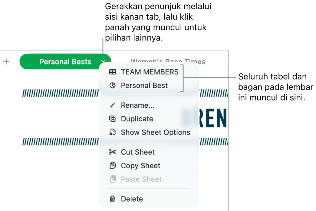 Tab spreadsheet dengan menu pintasan yang terbuka, menunjukkan pilihan termasuk Duplikatkan.