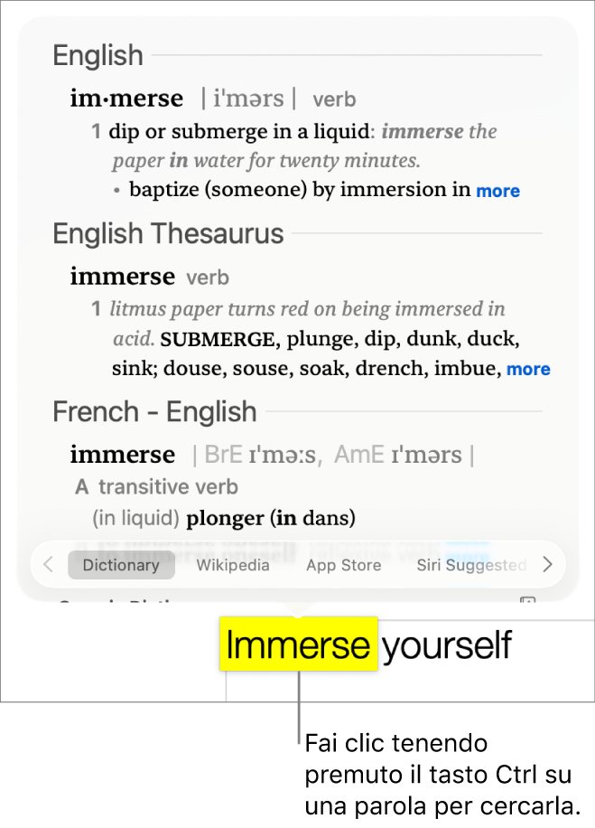 Testo con una parola evidenziata e una finestra che mostra la sua definizione e un sinonimo. Tre pulsanti nella parte inferiore della finestra forniscono i link al dizionario, a Wikipedia e ai siti web suggeriti da Siri.