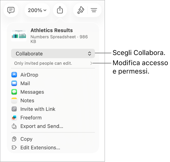 Il menu di condivisone con l’opzione Collabora selezionata in alto e le impostazioni di accesso e dei permessi sotto.